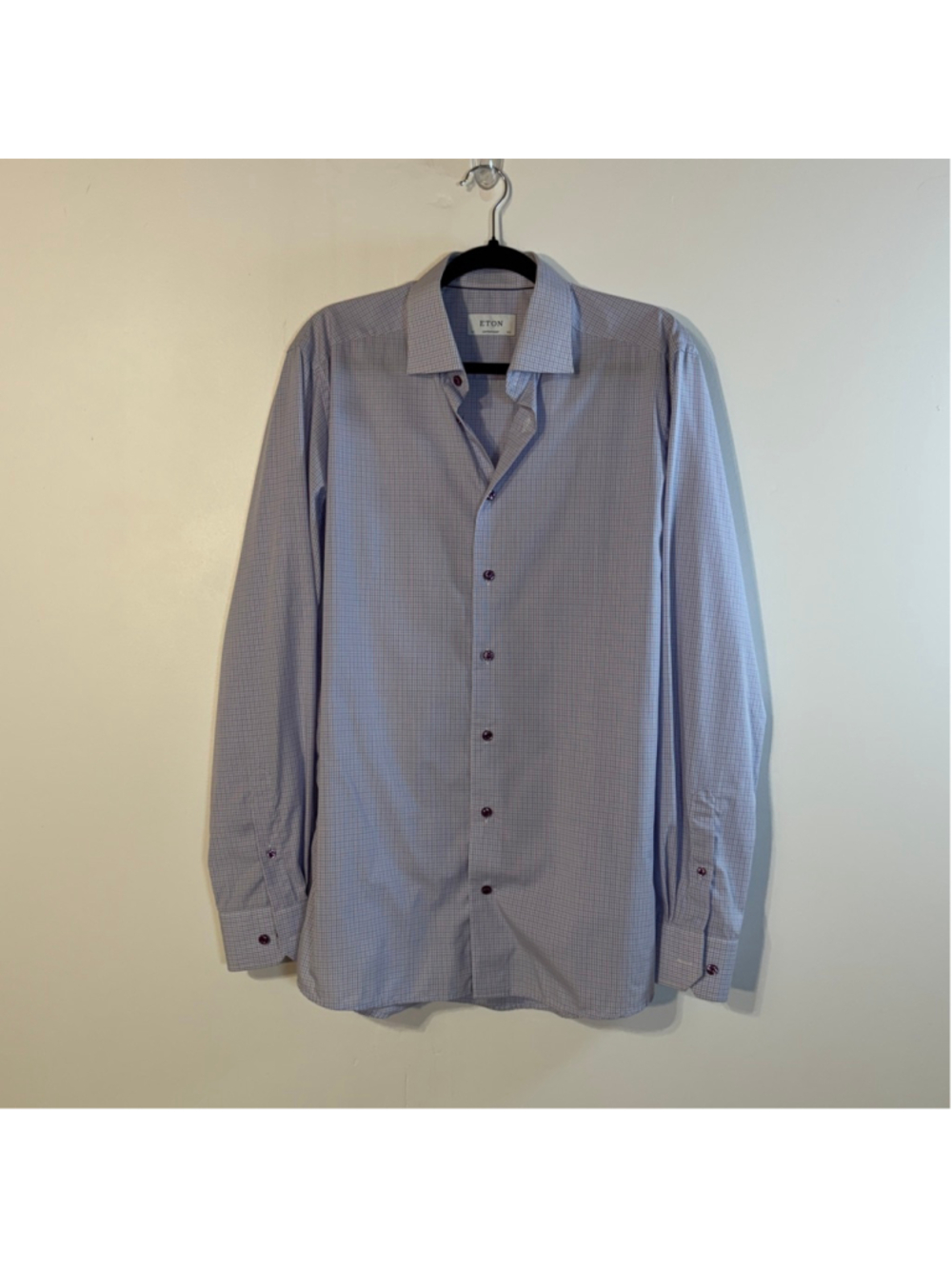 Eton Contemporary Fit Dress Shirt Men’s 16.5 42 Blue Purple Micro Check Cotton